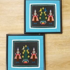 Vintage Hmong Embroidered Cross-Stitch Framed Pictures - Woman + Flower